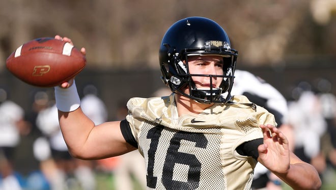 Redshirt freshman quarterback Aidan O'Connell during the first day of Purdue spring football practice Monday, February 26, at the Bimel Practice Complex.