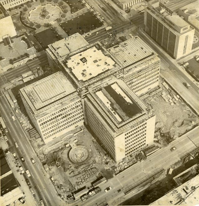 JOURNAL STAR FILE PHOTO
Caterpillar's uncompleted world-wide administration building as it was on Sept. 22, 1966. The exterior of the building is complete and safari granite and Indiana limestone were used for the covering. The building was completed the following year.