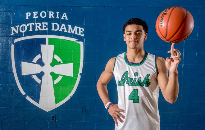 Versatile junior guard Noah Reynolds was a major force on the top-ranked Peoria Notre Dame Irish. He is the 2020 Journal Star Large-School Boys Basketball Player of the Year. [MATT DAYHOFF/JOURNAL STAR]