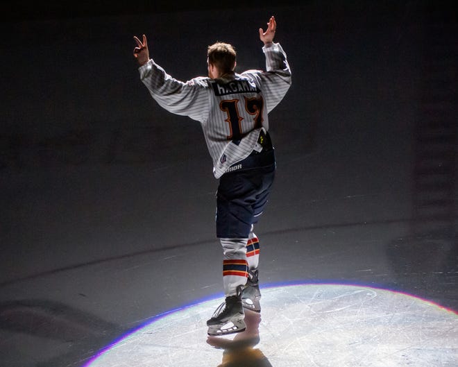 Longtime Peoria Rivermen captain Alec Hagaman takes the spotlight as the player of the game for his game-winning goal in the second period of the regular-season finale against Quad City on Saturday, April 6, 2024 at Carver Arena. Hagaman will retire at the end of the team's playoff run.