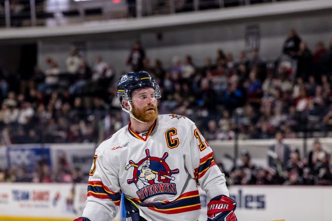 Peoria Rivermen captain Alec Hagaman during Peoria's 3-2 loss to Huntsville in Game 1 of the SPHL President's Cup Finals at Propst Arena in Huntsville, Ala., on Thursday, April 25, 2024.