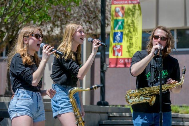 Members of the Eureka High School jazz ensemble harmonize during their performance during the 38th Gerald M. Brookhart Arts in Education Series Spring Celebration on Wednesday, April 30, 2024 at the Peoria County Courthouse Plaza in downtown Peoria.